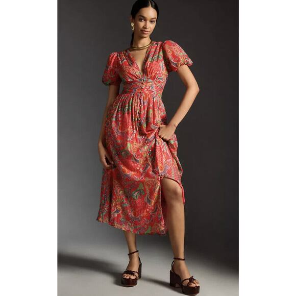 Anthropologie The Katerina Lurex Button Front Dress Size 0 V-neck Midi Dress - Picture 1 of 12